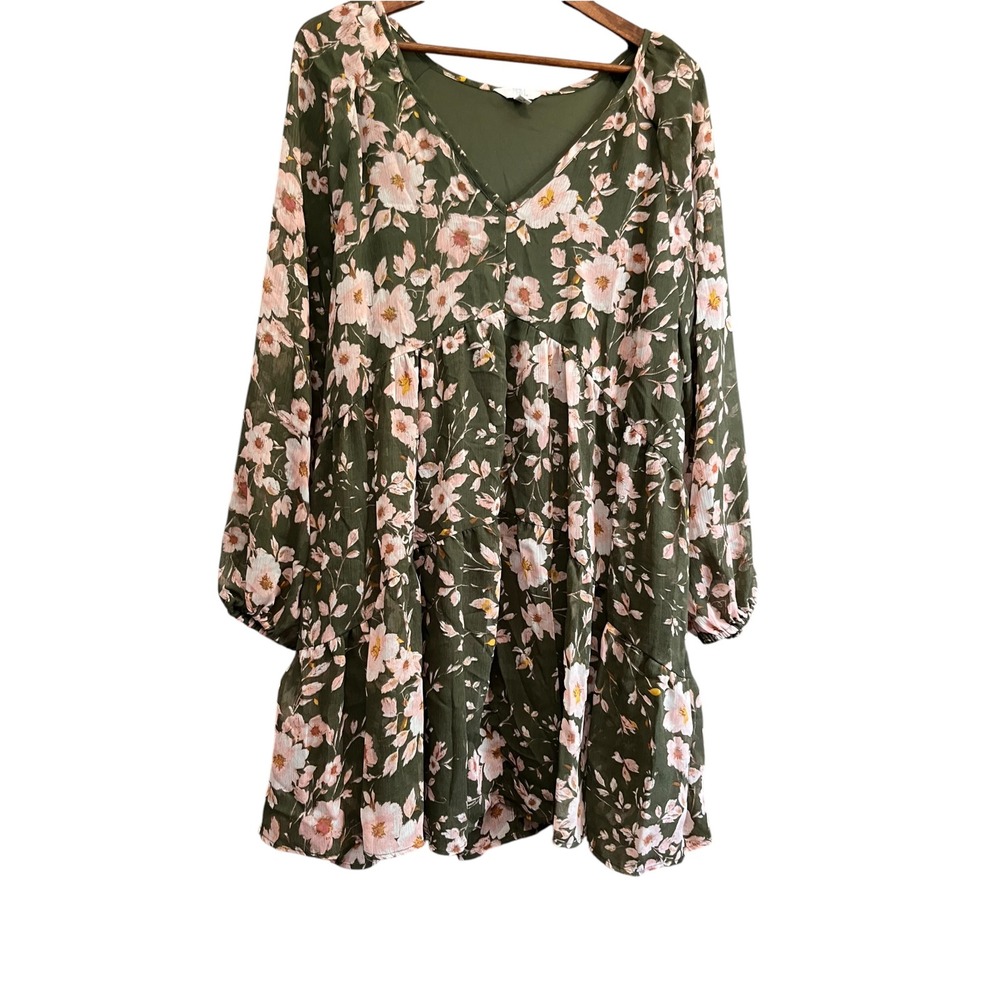 Time and Tru Mini Dress Womens L 12-14 Green Floral Excellent Tiered V-Neck Boho
